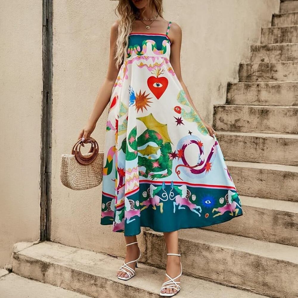 Whimsical Multicolor Dragon Abstract Motif Midi Dress Size S
